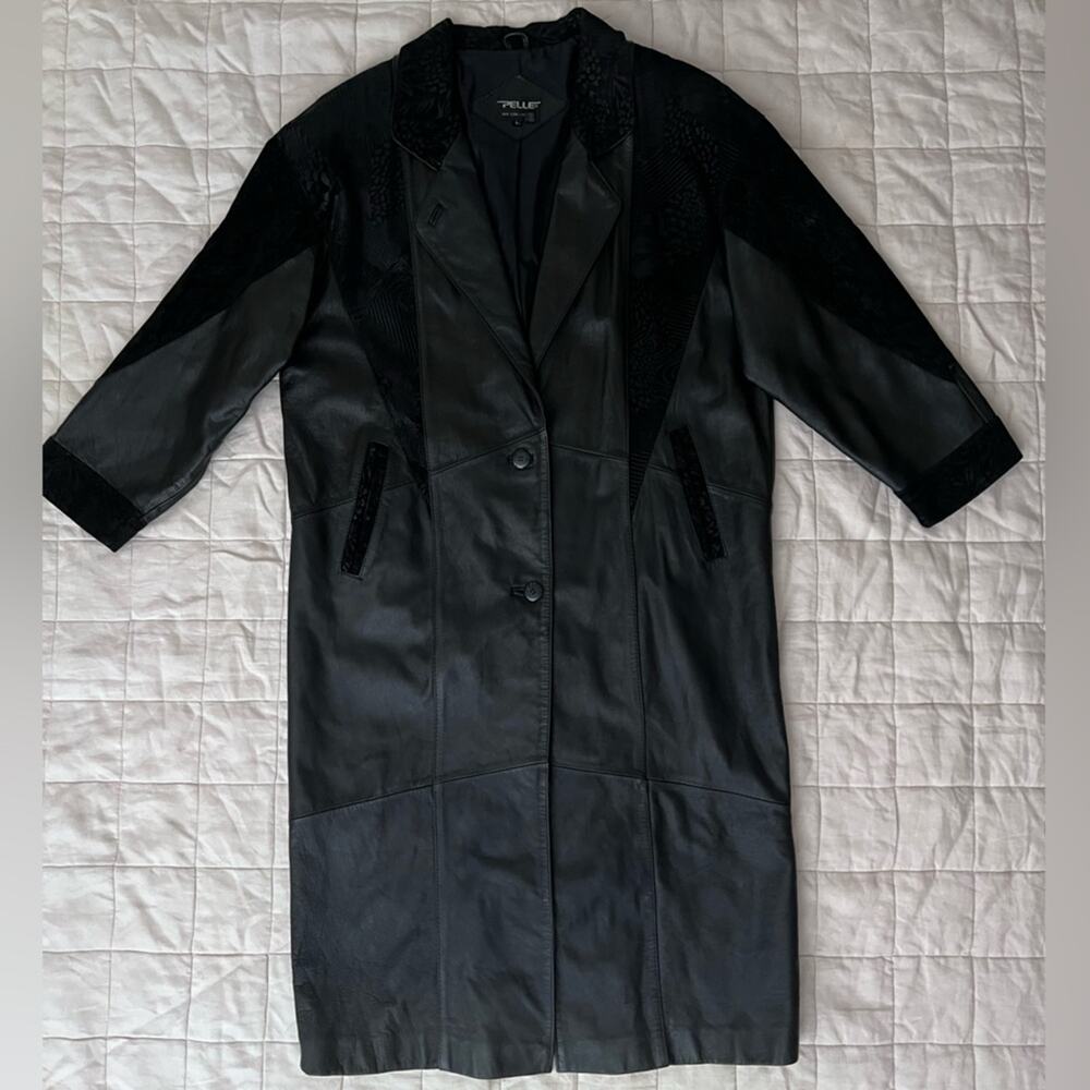 Vintage Pelle Black Embossed Suede Patchwork Leather Long Trench Coat - Large